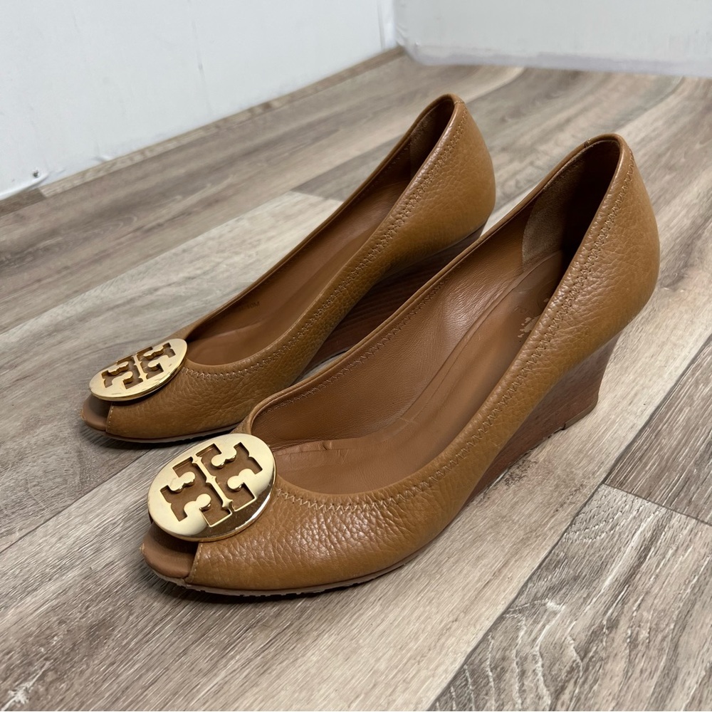 Tory Burch Sally 2 Peep Toes Wedge Tan Brown Size 10